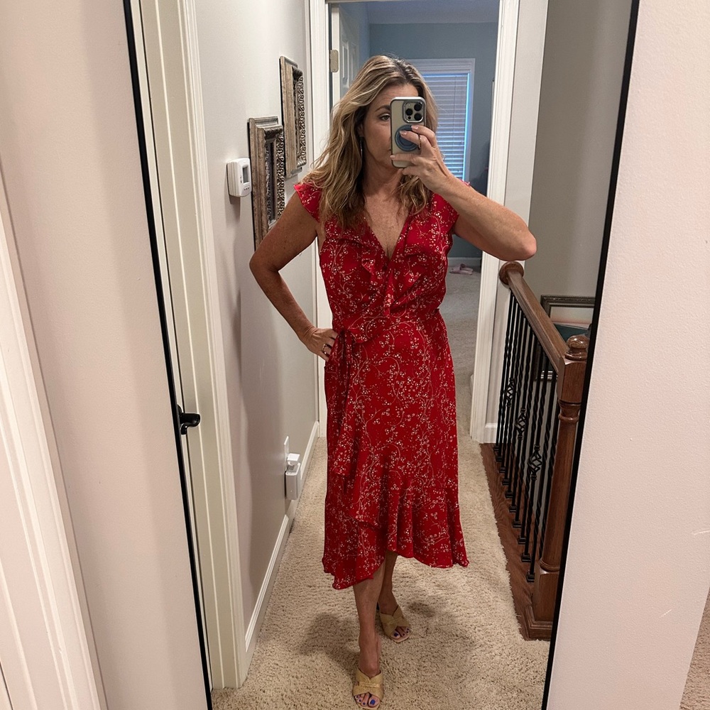 Max Studio red floral wrap surplice sleeveless ruffle collar maxi dress. Size XL